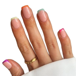 Rainbow French tip press-on nails in medium square shape with colorful pastel edges