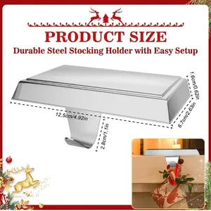 Silver metal Christmas stocking holder for fireplace mantel with size specifications