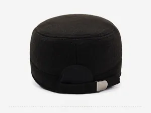 Rear view of black flat top cap showing adjustable silver metal buckle on wool felt material
