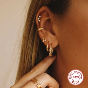 S925 sterling silver gold earrings set with star zircon studs and ear cuffs for women