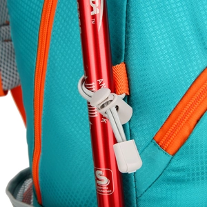 Waterproof blue hiking backpack with orange accents and trekking pole bungee cord system