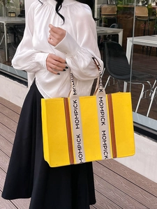Large yellow felt tote bag with MOMPICK woven straps and brown leather trim for women