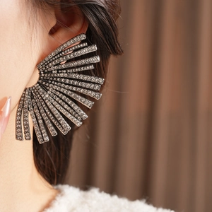 Macro shot of geometric fan-shaped statement earrings with black metal and micro-pave crystals