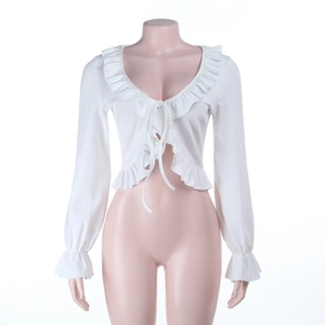 Cardigan blanc court à manches longues style bohème avec volants et lien à nouer