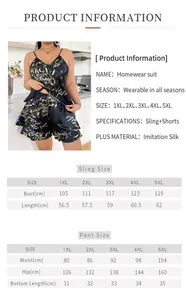 Detailed size chart for plus size cherry print silk pajama set with camisole and shorts