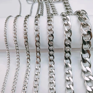 Detail showing various thicknesses of silver Cuban link chains on white cylinder stand