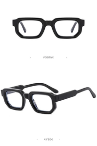 Classic thick frame square sunglasses shown in front and 45-degree side view