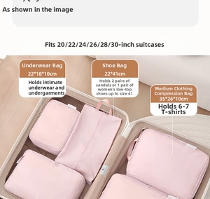 Pink travel luggage organizers set showing underwear bag and shoe pouch in suitcase