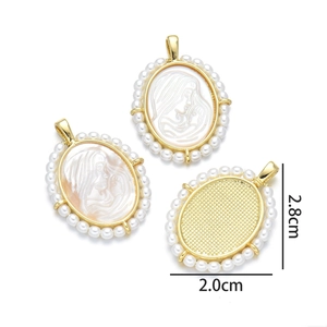Detail of 18K gold plated oval shell pendants with pearl border and cameo relief