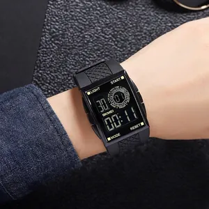 SKMEI black square digital sports watch with textured silicone strap and LED display