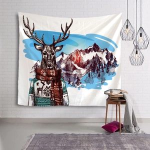 Detailed view of a Christmas reindeer tapestry on a white brick wall for room decor