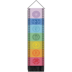 Nordischer Wandbehang aus Baumwollleinen mit sieben Chakra-Symbolen und schwarzen Quasten