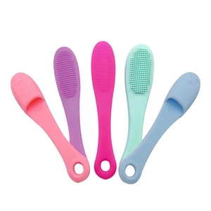 Five colorful double-headed silicone pet toothbrushes for oral cleaning and chin care