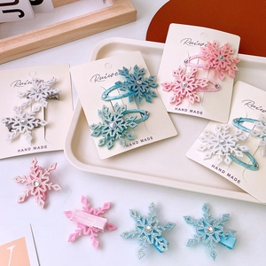 Glitter snowflake hair clips set for kids with rhinestones and fabric-wrapped duckbill clips