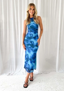 Close-up of elegant blue floral print on slim-fit sleeveless mesh midi dress for women