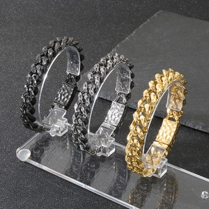 Retro hammered texture Cuban chain bracelets in black, silver, and gold stainless steel