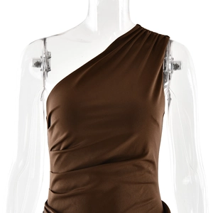 Detail view of brown satin one-shoulder dress with elegant side ruching and slim fit