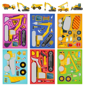 6-pack of construction vehicle DIY stickers featuring excavators and cranes for kids