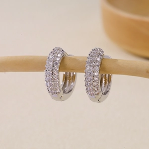 Macro shot of silver huggie earrings with three rows of cubic zirconia on a wood branch