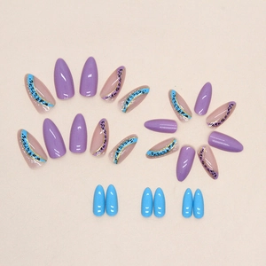 Almond-shaped press-on nails featuring lilac purple, bright blue, and leopard patterns