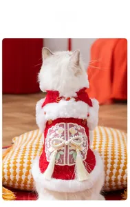 Detailed back view of festive red cat Tang suit with golden embroidery and white fur trim