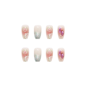 Short ballet press-on nails with lemon art, silver glitter and purple rhinestones