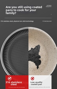 Macro detail comparing 316L stainless steel honeycomb texture with peeling coated pans