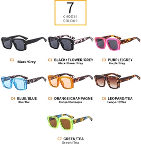 Detailed view of square sunglasses showing seven colorful frame and lens variations