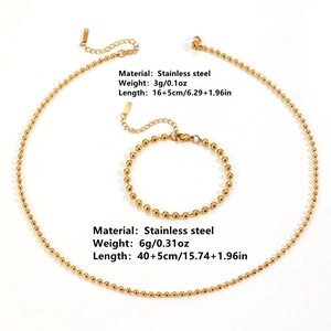 Golden stainless steel bead chain necklace and bracelet set with lobster clasp details