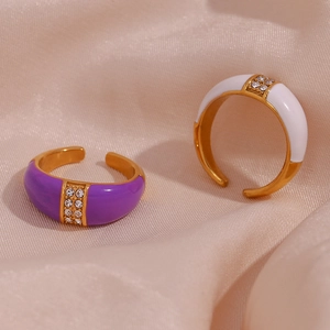 18K gold plated stainless steel open rings with purple and white enamel and diamonds