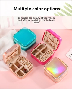 Detailed internal storage compartments of portable laser PU leather jewelry boxes in four colors