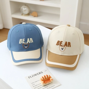 Kids' bear embroidered color-block baseball caps in blue-white and beige-brown styles