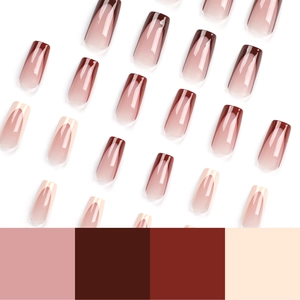 Maillard gradient brown and nude ballerina press-on nails set with glossy finish