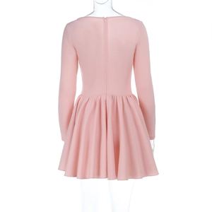 Detail view of the hidden back zipper on this pink diamond neck long sleeve dress