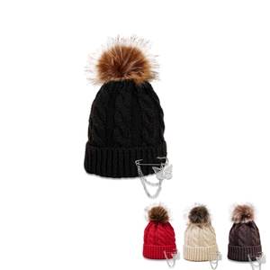 Women Winter Cable Knit Beanie Hat With Faux Fur Pom Pom Butterfly Metal Safety Pin And Chain Warm Trendy Punk Style