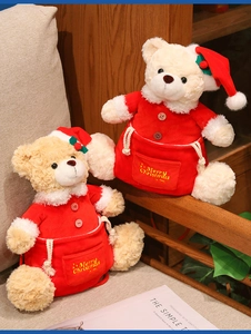 Detail of plush Christmas bears in two sizes with Merry Christmas embroidery