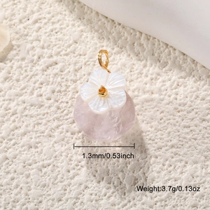 Pink crystal stone pendant with white floral detail showing size 1.3mm and weight 3.7g