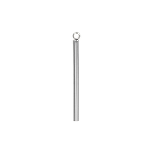 Close-up of a silver cylindrical 304 stainless steel pendant with a top hanging ring
