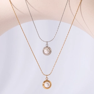 Elegant gold and silver stainless steel necklaces with round pearl heart pendants