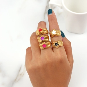 18K gold plated stainless steel star ring with colorful enamel inlay for women