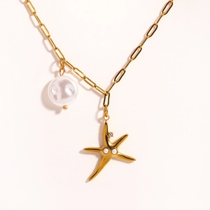 Stainless Steel Pendant Necklace Gold Plated Artificial Pearl Marine Ocean Starfish Turtle Shell Paperclip Chain For Women