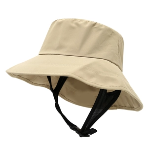 Chapeau de soleil unisexe beige à large bord avec mentonnière noire réglable pour extérieur