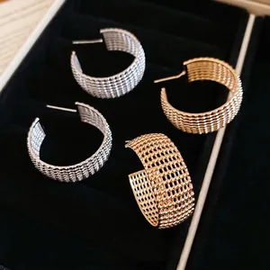 Mesh Lace C-Shaped Stud Earrings With Silver Earring Post Copper Retro Minimalist Fashion Jewelry For Women