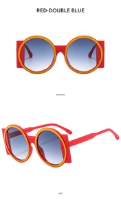 Macro view of red and orange square frame sunglasses with blue gradient lenses