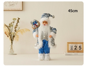 Père Noël debout bleu et blanc avec lanterne et sac de cadeaux, hauteur de 45 cm environ