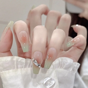 Handmade Press On Nails Long Coffin Gradient Green Pink With Rhinestone Decor French Style Blush Artificial False Nails