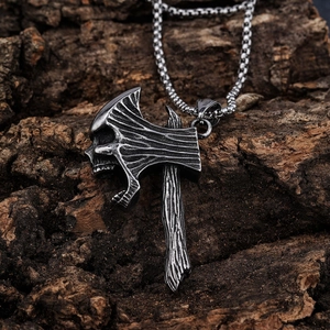 Axe Skull Pendant Necklace Stainless Steel Retro Gothic Punk Viking Antique Silver Men Jewelry