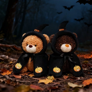 Halloween teddy bears in wizard cloaks and pumpkin hats against a dark forest background