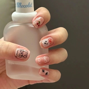Cute Cartoon Dog And Bow Press On Nails Pink Nude Full Cover Artificial Nail Tips For Women Daily Sweet Style