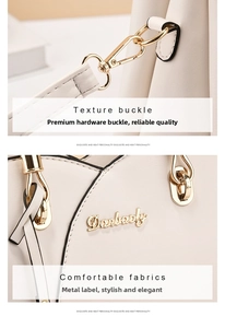 Detailed macro view of golden metal buckle and textured white leather on women handbag